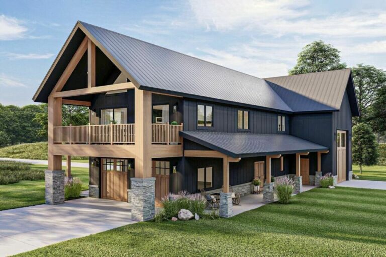 2-Bedroom 2-Story Barndominium-Style Carriage House Plan with Dual Garages (Floor Plan)
