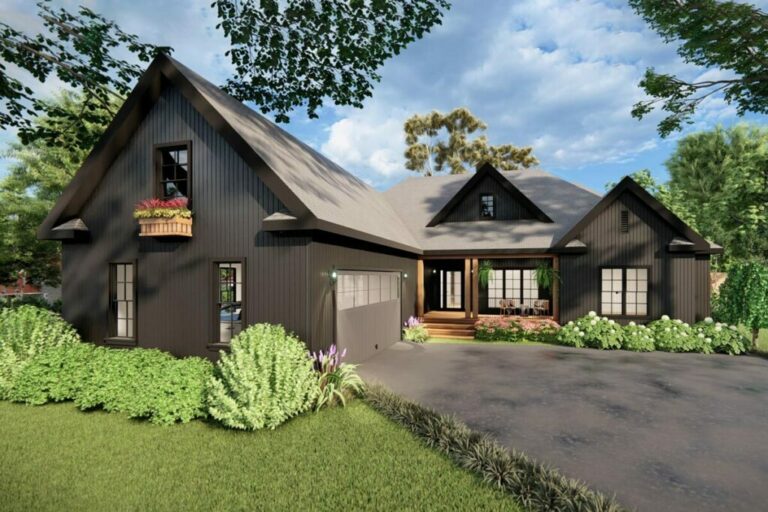 3-Bedroom Single-Story Modern Farmhouse with 2-Car Courtyard Entry Garage and Bonus Room and Bath Above (Floor Plan)