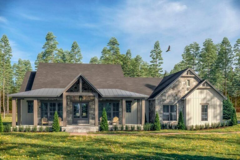 Rustic 3-Bedroom 1-Story Craftsman Home with Wrap-Around Porch (Floor Plan)