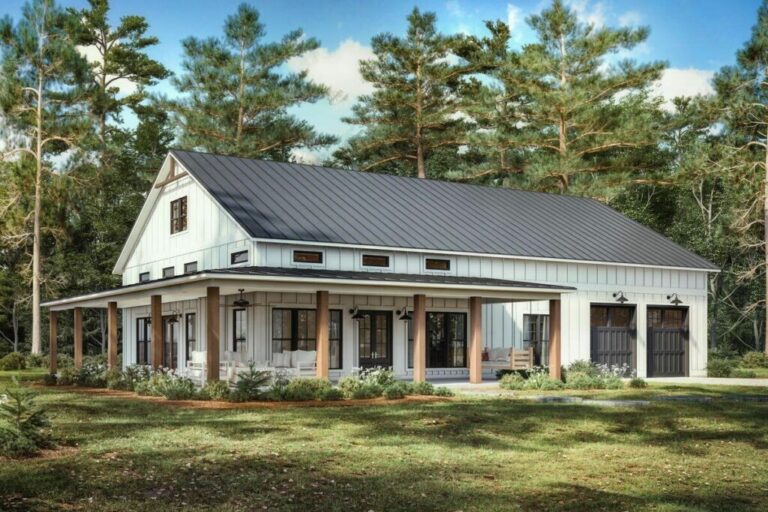 Barndominium-Style 3-Bedroom Single-Story Farmhouse with Wrap-Around Porch (Floor Plan)
